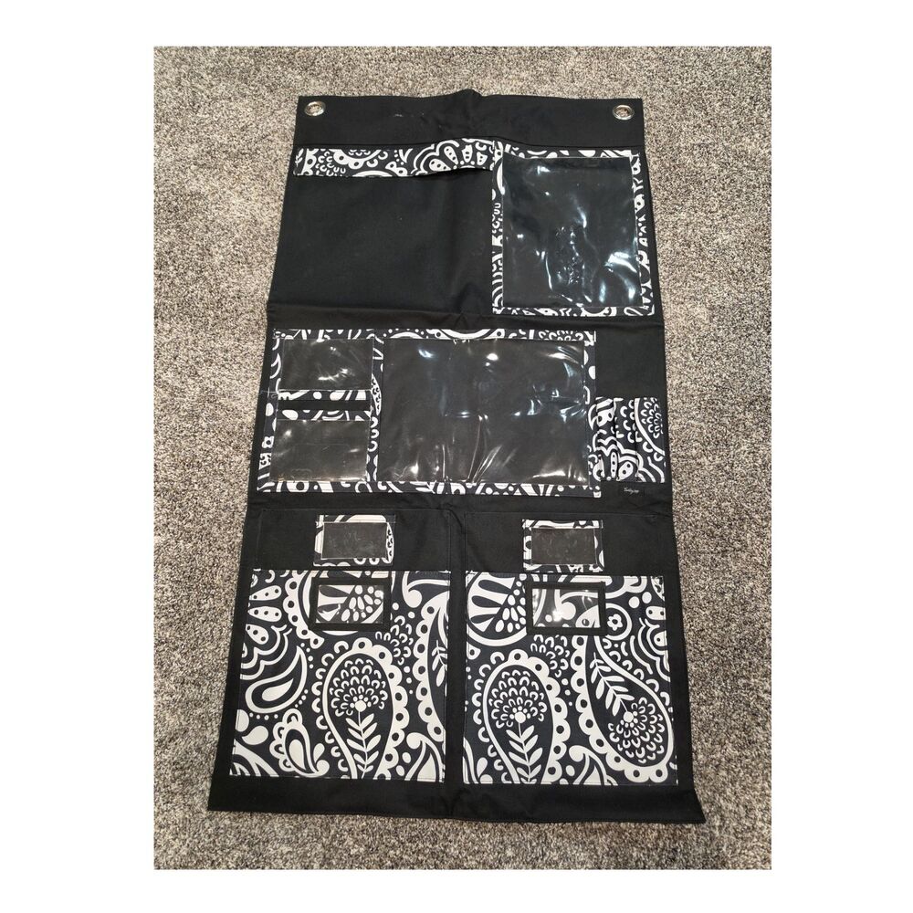 Thirty-One Hanging Organizer Black White Paisley Canvas Plastic Rectangle Used